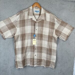 NEW Inserch Camp Shirt Mens 2XL Beige Plaid 100% Linen‎ Loop Collar Beach Summer